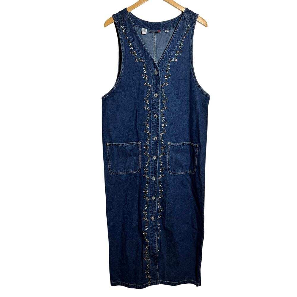 Vintage 90s Jumper Maxi Button‎ Up Denim Dress Women L Blue Cottagecore Tradwife